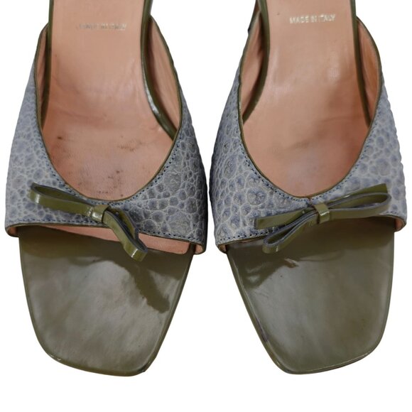 Vintage Prada Italy Designer Heels Grey Green Leather Womens 9 Mules Dress Shoes - Picture 7 of 14